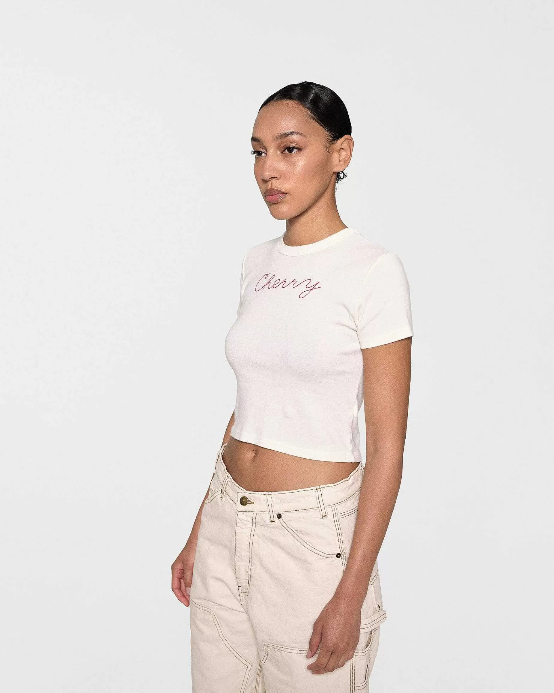 Cherry Women'S-Chain Stitch Baby Tee (Vintage White)