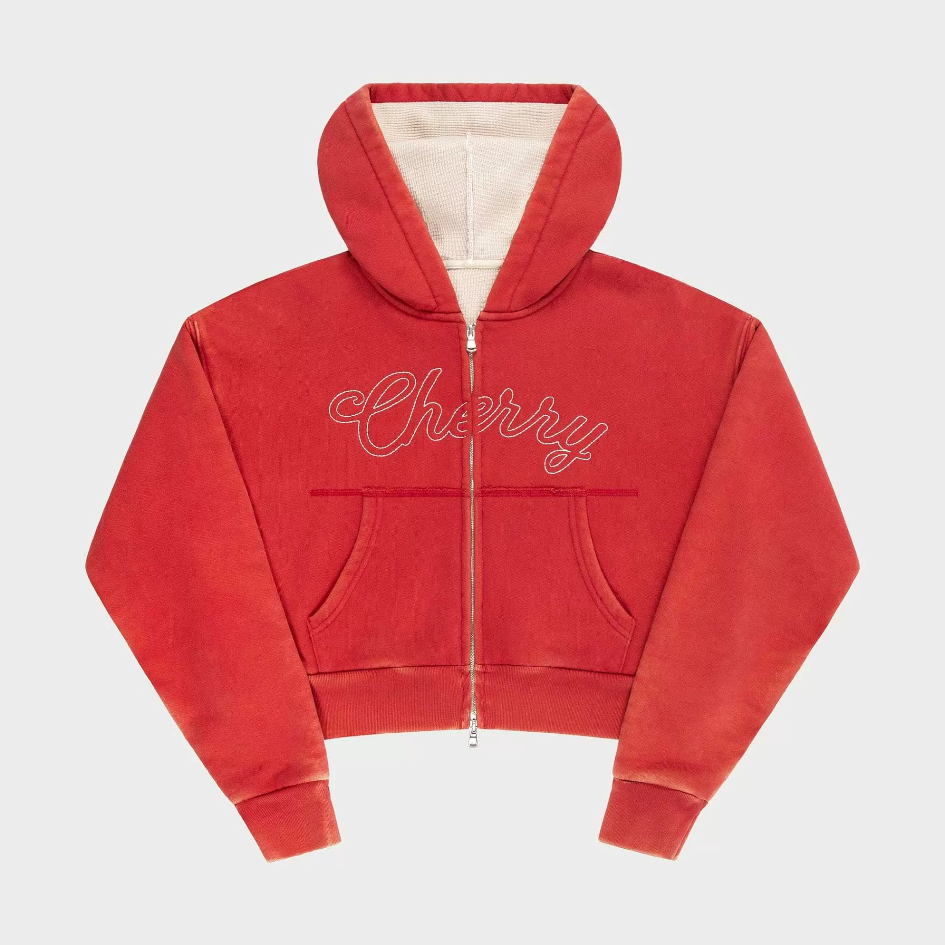 Cherry Sweatshirts-Cropped Thermal Zip-Up (Vintage Red)