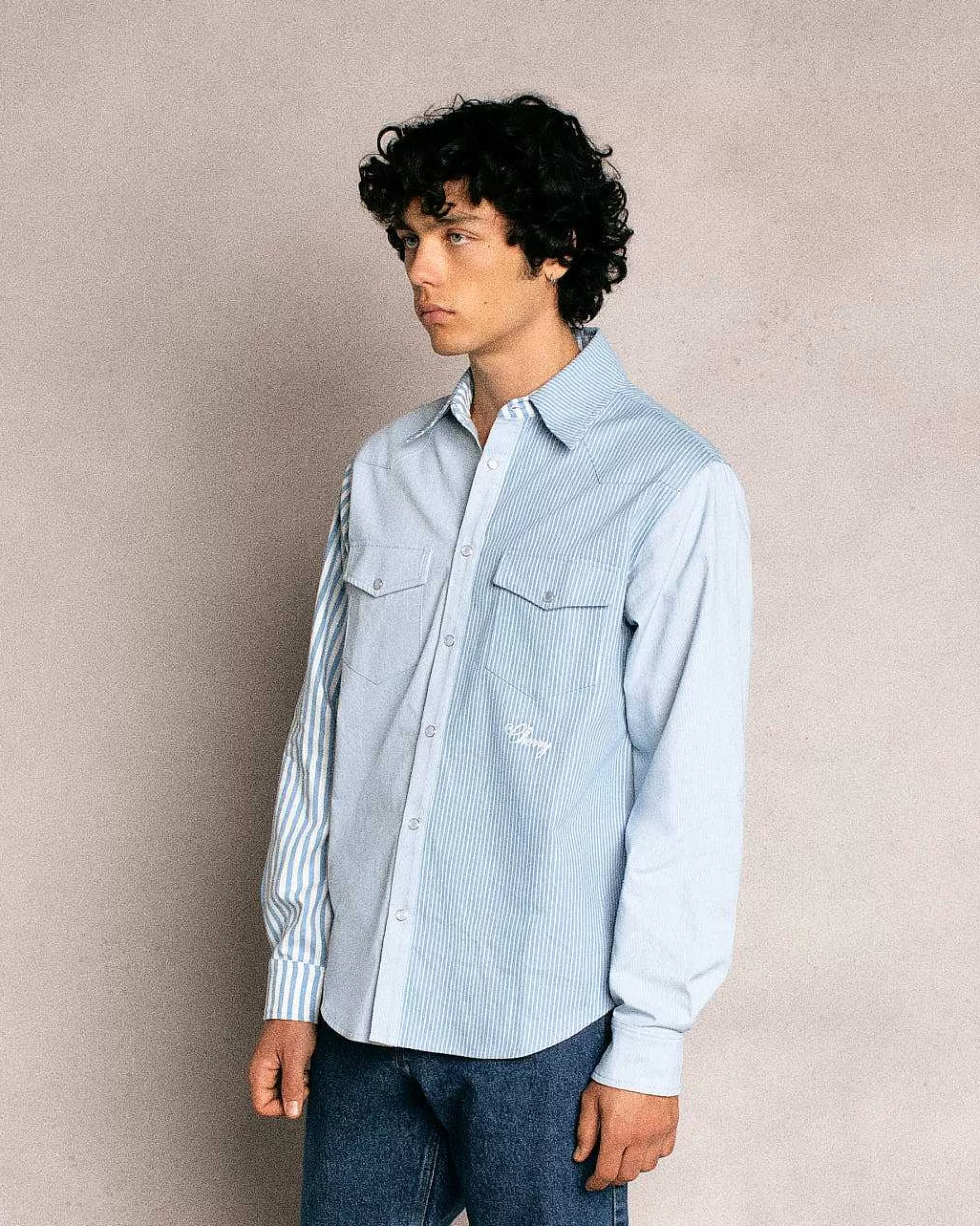 Cherry Shirting-Patchwork Western Shirt (Blue/White)