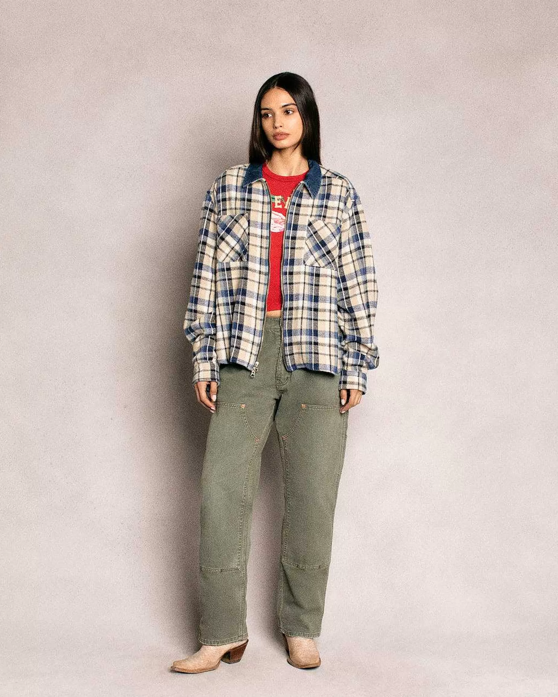 Cherry Jackets-Plaid Zip Shirt Jacket (Beige)