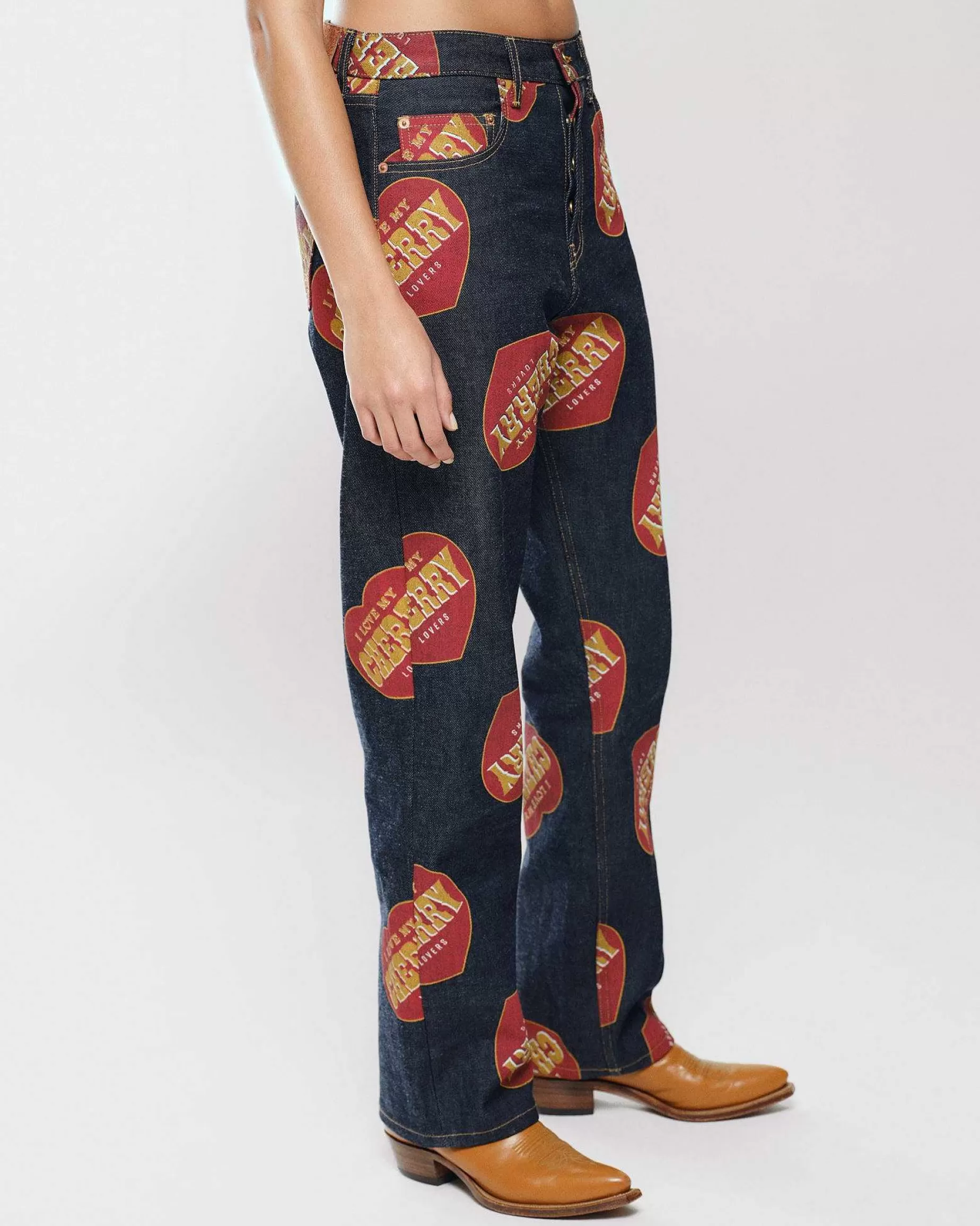 Cherry Pants-Printed Relaxed Five Pocket (Indigo)