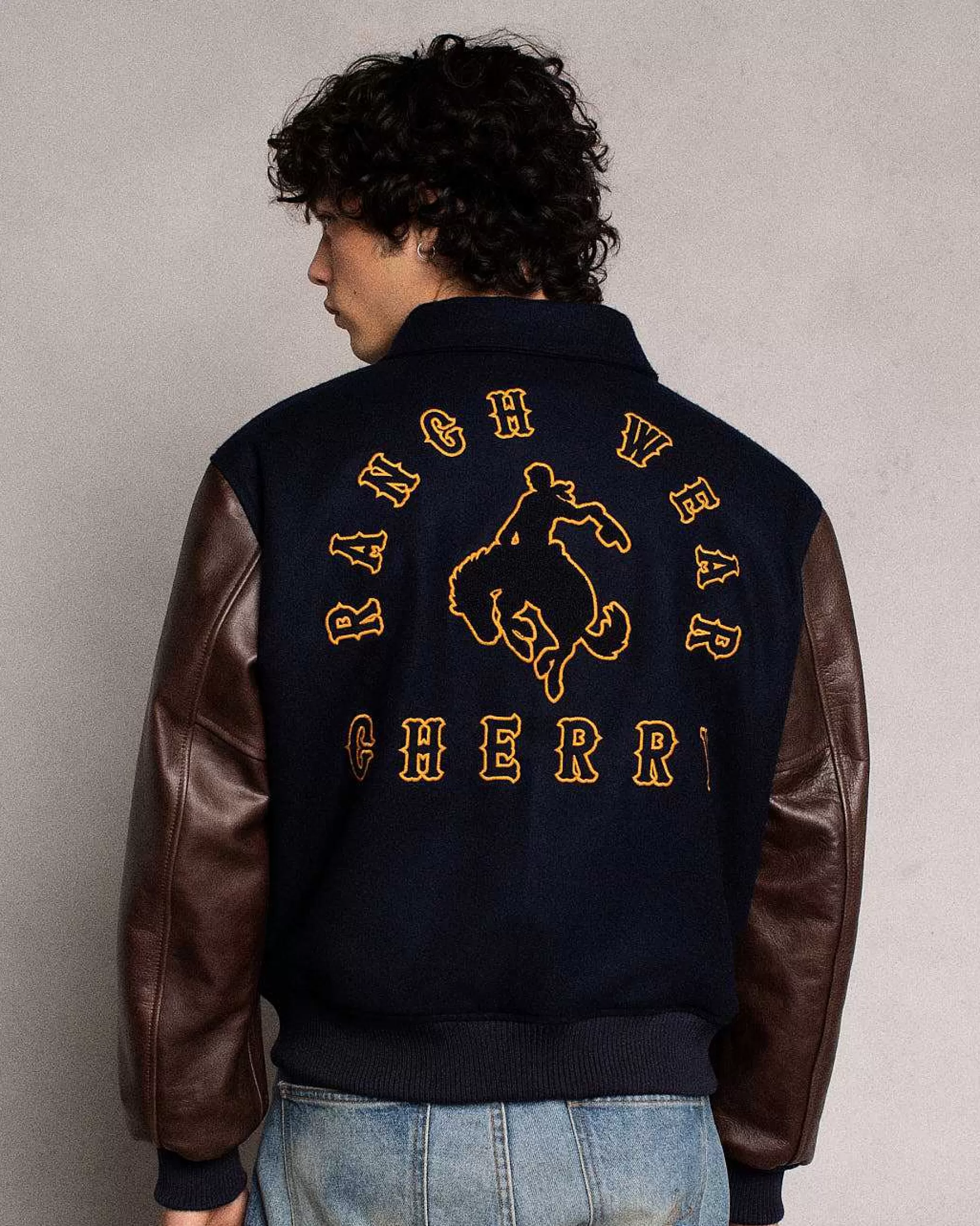 Cherry Jackets-Ranch Wear Varsity Jacket (Navy/Brown)