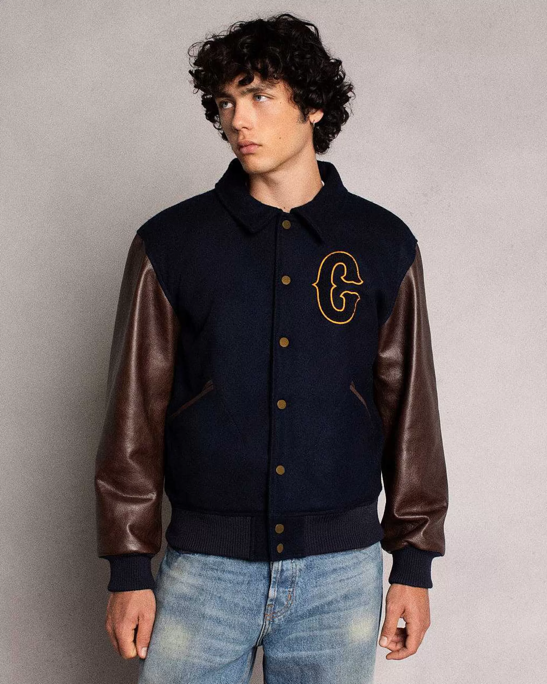 Cherry Jackets-Ranch Wear Varsity Jacket (Navy/Brown)
